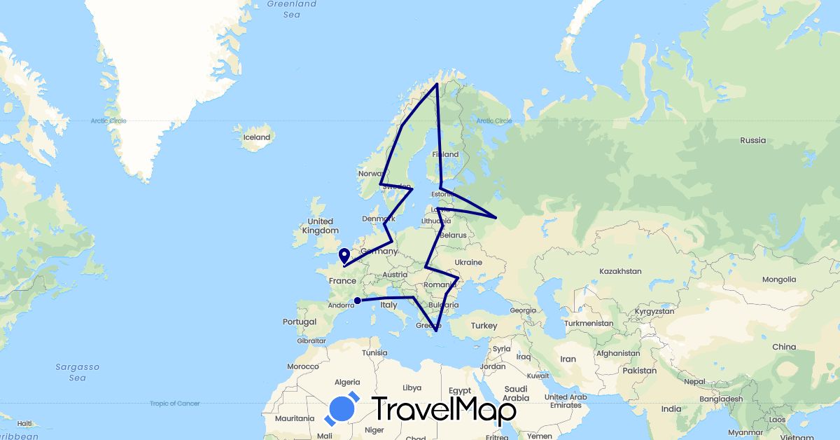 TravelMap itinerary: driving in Bosnia and Herzegovina, Germany, Estonia, Finland, France, Greece, Lithuania, Latvia, Moldova, Norway, Romania, Russia, Sweden, Slovakia (Europe)